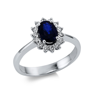 Bild von Farbsteinring 585/- Weißgold, 14 Brill. 0,18 ct. TW-vsi, 1 Saphir 0,70 ct Blau Weite 52